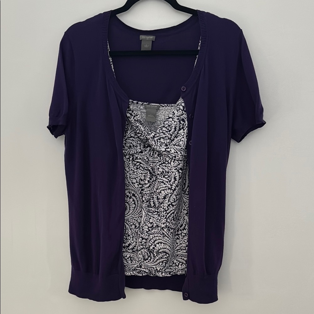 Ann Taylor Purple & White Paisley Tank Top with Purple Short Sleeve Cardigan Set